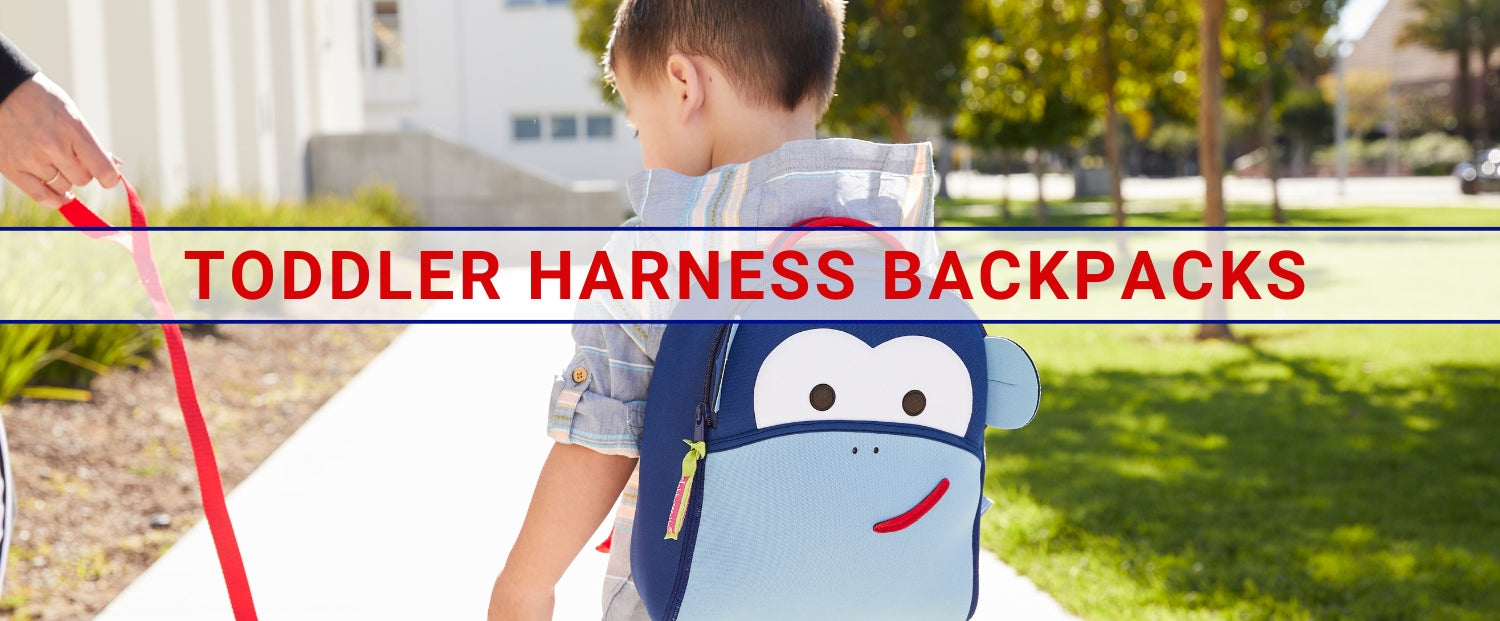 Picture of young boy wearing a Dabbawalla Bags Harness Backpack Blue Monkey with an adult using the included tether Toddler Harness Backpacks