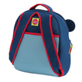 Back view of Blue Monkey Backpack for preschoolers, including cushioned adjustable and handle. Dark blue straps and handle with red piping accents on a light blue bag.