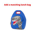 Option to add a matching Dabbawalla lunch bag.  Blue lunch bag with large dinosaur face on the front panel.