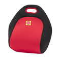 Back view of Panda lunchbox.  Red center panel with black side panels.