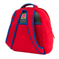 Back view of Race Car backpack. Adjustable straps stow inside the bag. Large pocket on back is great for snacks or notes home. Red with bright blue accent piping.