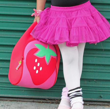 Adorable pink and red Strawberry Lunch Bag and pink skirt. Sweet enough for kids and adults. Machine washable, eco-friendly, and sewn in a woman owned facility.