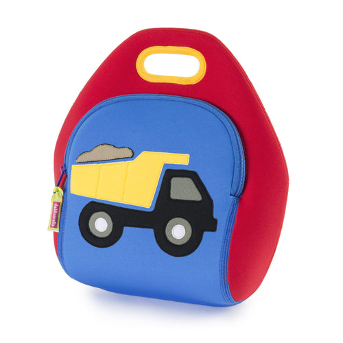Keep on Truckin' Lunch Bag - Bright yellow dump truck with black cab is stitched on a blue front panel.  Sand is piled in the back of the truck.  The side panels are red with a yellow trim on the handle.