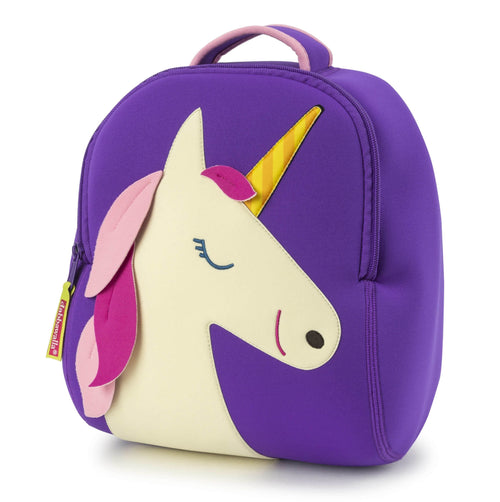 Purple Unicorn backpack from Dabbawalla Bags.  Sweet smiling unicorn face accented with a pink mane and yellow stripe horn . Top grab handle has pink contrast binding.  Quality zipper allows wide opening to roomy interior. Material is a washable, lightweight foam similar to neoprene.