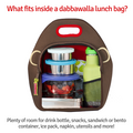 A picture showing how much fits inside a Dabbawalla lunch bag. Plenty of room for drink bottle, sandwich, snacks, ice pack and more.