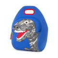 Dabbawalla Bags lunch bag.  Bright blue bag with a large printed dinosaur on the front panel. 
