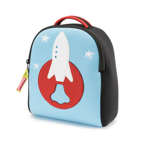 Space theme washable Dabbawalla  harness backpack.  Rocket design applique on preschool backpack. Bag is made of superior material that is sustainable, reusable, PVC, PBA,  Phthalate free. 