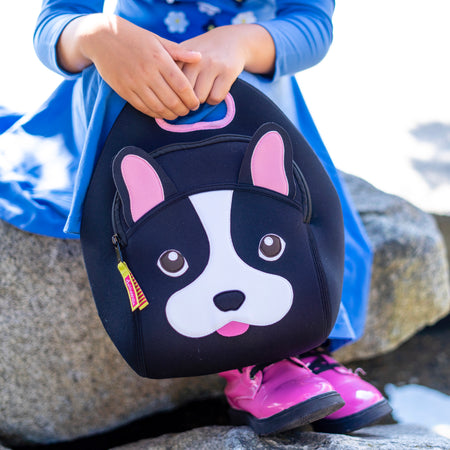 An adorable french bulldog lunch bag and school girl.