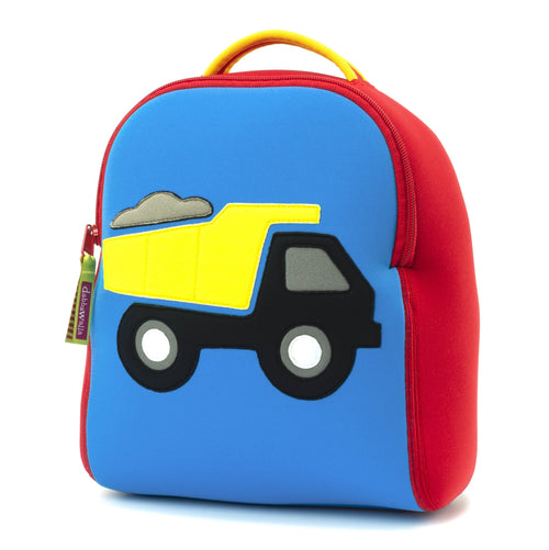 Truck-themed harness backpack for toddlers by Dabbawalla Bags