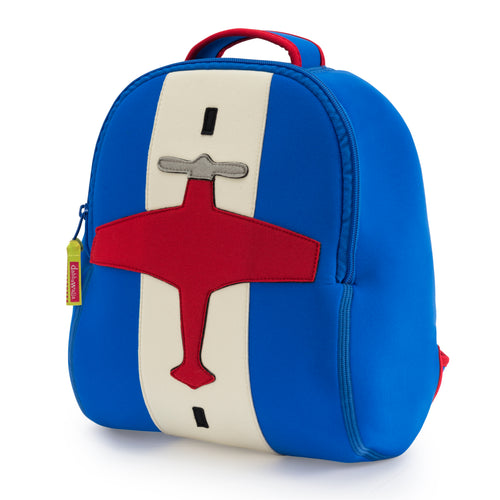 Preschool Backpack Airplane themed for little aviators. Front view of Airplane harness backpack by Dabbawalla Bags. Eco Friendly material for preschool kids. Red Airplane on blue bag.