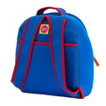 Back view airplane mini backpack by Dabbawalla Bags. Red piping accents blue cushioned straps..