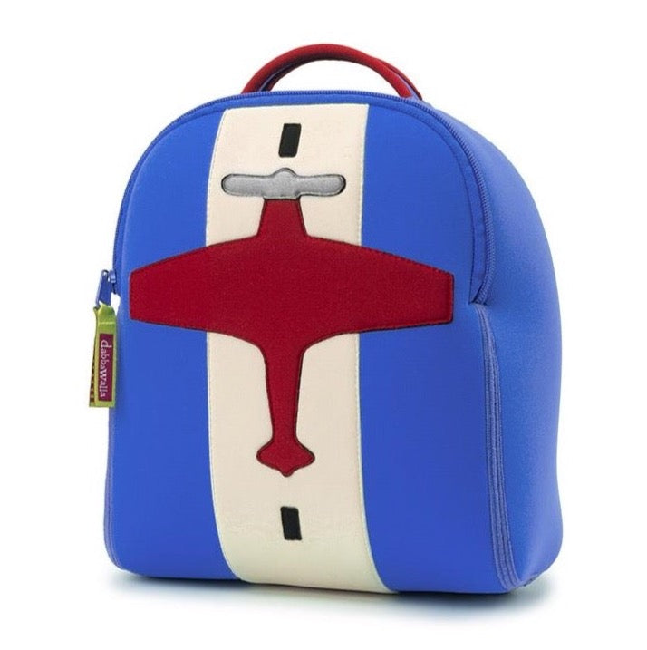 Front view of Airplane harness backpack by Dabbawalla Bags. Eco Friendly material for preschool kids. Red Airplane on blue bag.