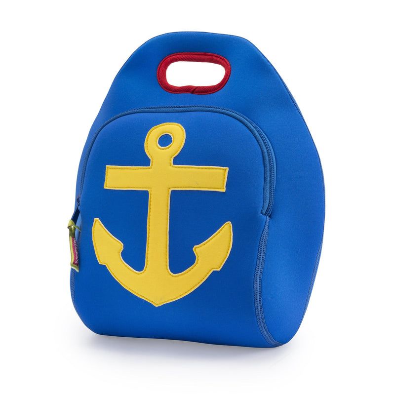 Yellow anchor is appliqued on a royal blue machine washable lunch box from Dabbawalla Bags.