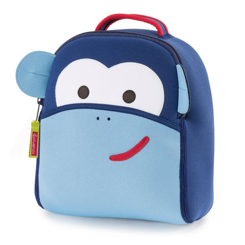 Blue Monkey Harness Backpack with sternum straps and safety leash. Dark blue and light blue panels for smiling face of monkey. Red piping accents top handle.Manufactured by Dabbawalla Bags