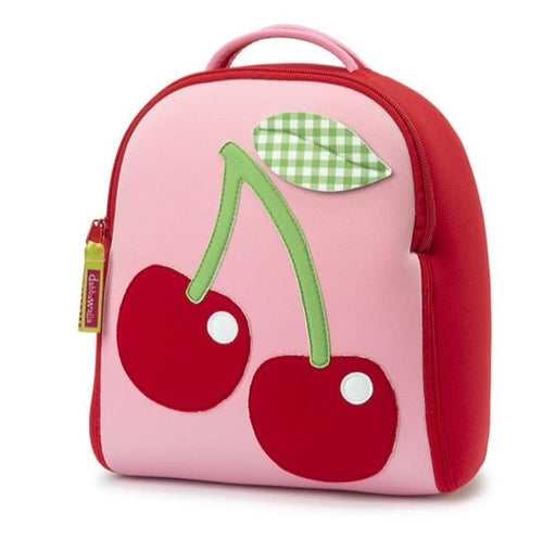 Front view of Cherry Harness Backpack. Pink and red mini size.