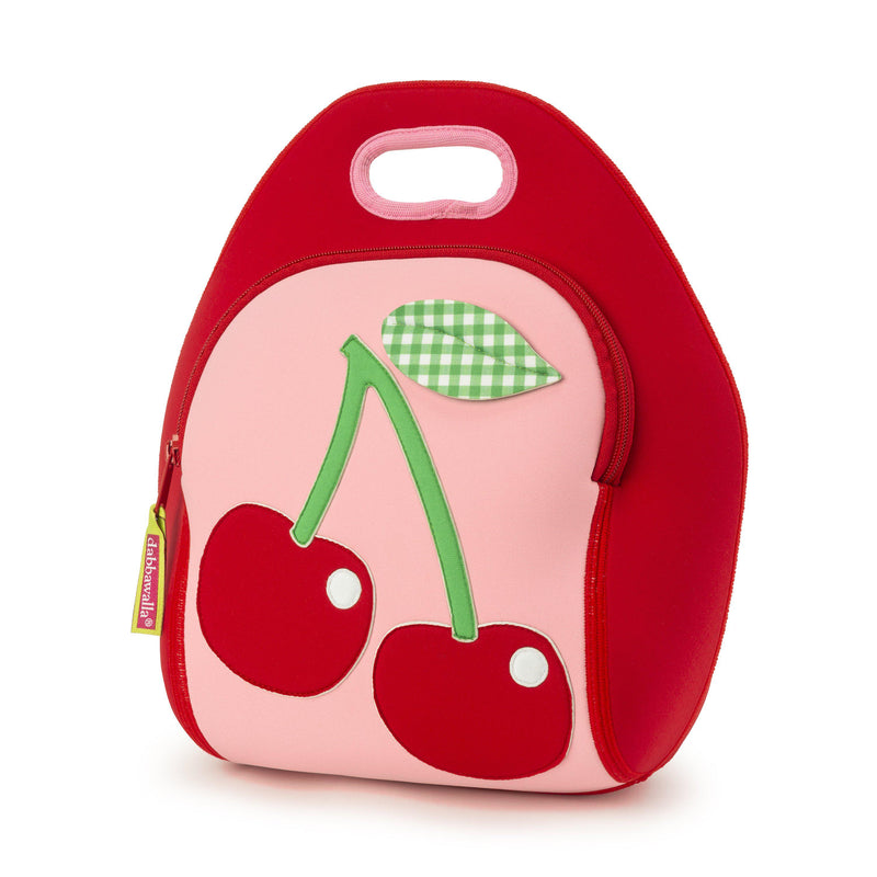 Cherry Lunch Bag by Dabbawalla Bags. Large red cherries with a green gingham leaf on a light pink front panel.  Red side panels and a pink contrast binding on the handle.