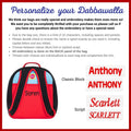 Personalize your bag with a custom embroidery. Examples of available fonts shown.
