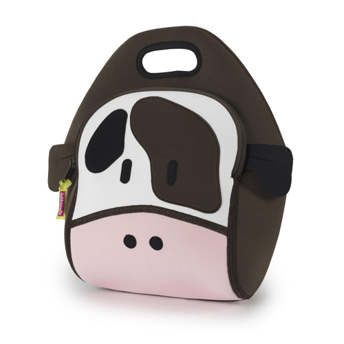 Front view of the Holy Cow Lunch Bag by  Dabbawalla Bags.  Cow design is appliqued to the front of washable lunchbag.  Black and brown eye patch and ears.  Pink nose and the brown sides form and integrated handle..