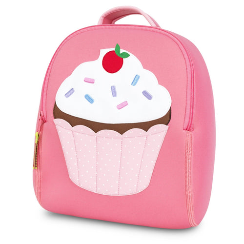 Pink backpack with large cupcake applique design on front panel.