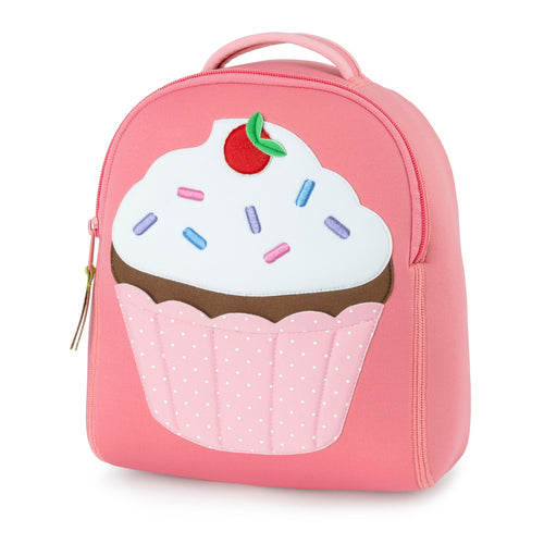 Pink harness backpack with a large cupcake applique design on front panel.