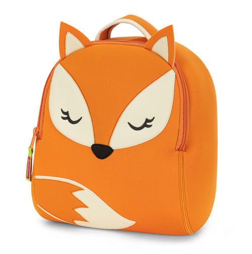 Front view of orange and cream Dabbawalla Fox Backpack. Our kids backpacks are designed for preschool and early elementary school children. They are roomy enough to tote lunch, toys and treasures. Functional details include a sturdy grip  handle, wide zipper openings and cushioned, adjustable straps.