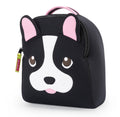 Children's French Bulldog Harness backpack from Dabbawalla Bags.  Adorable black and white bulldog face covers the front panel of the black bag. 