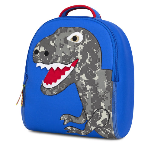 Front view of T-Rex pixel print dinosaur backpack. Red, blue and red and machine washable. 