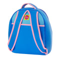 Flower Petal Backpack by Dabbawalla Bags. View of back panel of backpack. The bag is a soft blue with pink piping accents on the handle and straps.