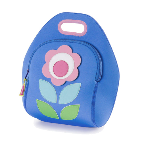 Flower Petal Lunch Bag by Dabbawalla Bags.  Modern shapes form a simple flower on the front panel of lunchbox.  The bag is a soft blue with pink flower and shades of green leaves. Made of environmentally-responsible, 100% toxic-free material, this machine-washable lunch tote is sized to accommodate a wide-range of food containers. 