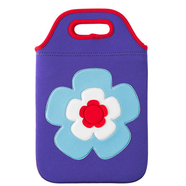 Flower Power Tablet Carry Bag by Dabbawalla Bags Dabbawalla Tablet Bag is perfect for packing up a tablet, earphones, and chargers all in one handy case.  Purple case with bright blue, white and pink large flower on the front.