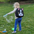 Preschool girl wearing a French Bulldog Dabbawalla Backpack.
