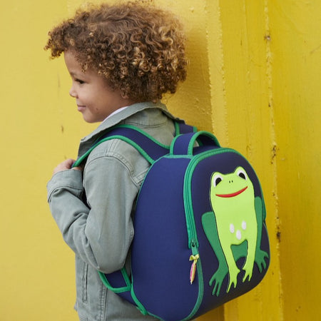 The adorable navy and green frog backpack by Dabbawalla Bags is perfect for preschool.