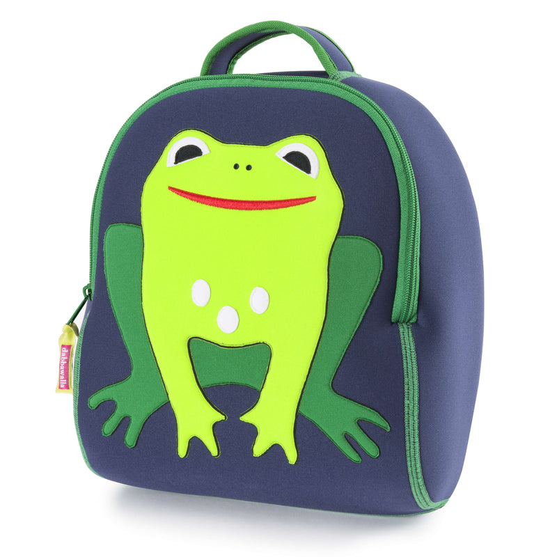 Bright green frog with wide red smile is stitched on the front panel of navy preschooler backpack.  Contrast green zipper and flat lock stitching.