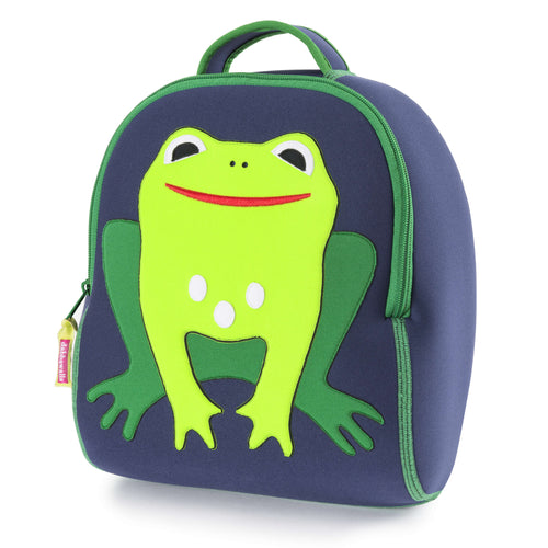 Preschool Backpack by Dabbawalla Bags with a happy green frog on a navy background