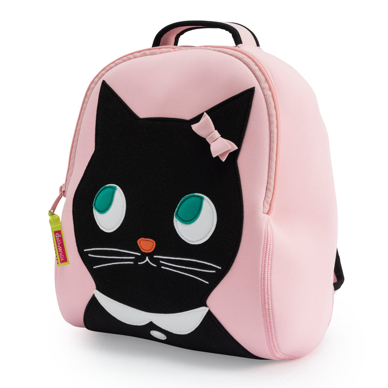 Miss Kitty Backpack - Cute black kitty is appliqued on the front of a light pink lunchbag and backpack. Kitty has wide jade eyes, pink bow, white collar and charm. Bag is made from a machine washable, sustainable foam material.