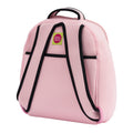 Back view of Miss Kitty backpack. Adjustable straps stow inside the bag. Large pocket on back is great for snacks or notes home. Light pink bag with black contrast trim.