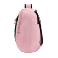 Side view of Miss Kitty backpack. Light pink bag with black trim.