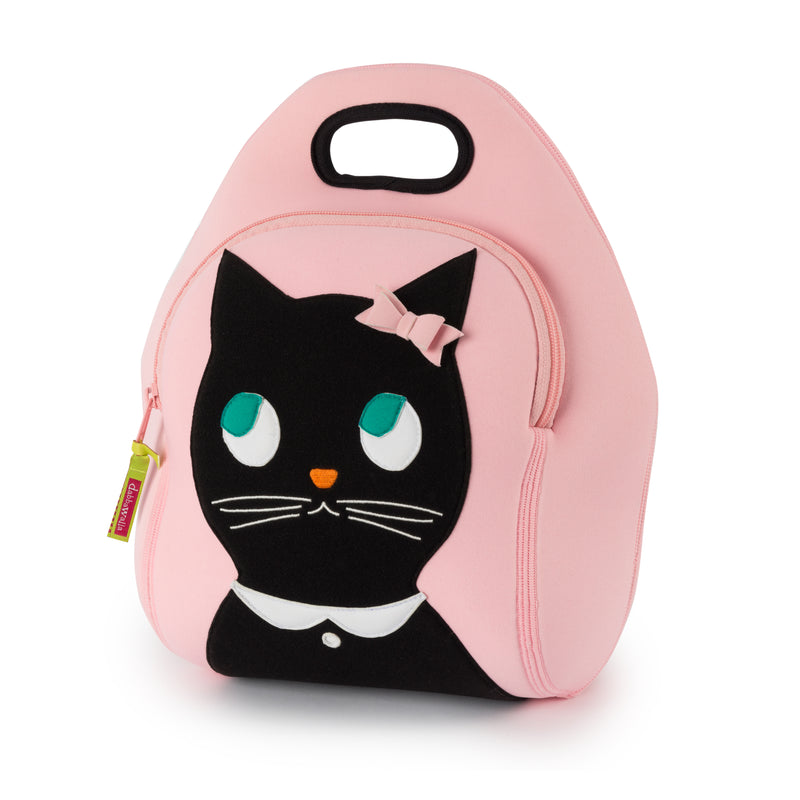 Miss Kitty lunchbox from Dabbawalla Bags. Sweet black kitty has jade eyes, a pink bow and a white collar and charm. The body of the bag is ballet pink. Bag is made of a washable sustainable foam material.