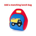 Keep on Truckin' Lunch Bag - Bright yellow dump truck with black cab is stitched on a blue front panel. Sand is piled in the back of the truck. The side panels are red with a yellow trim on the handle.