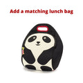 Cute panda black and white lunch-bag from Dabbawalla Bags. White front panel with black eye patches, ears and arms. Red binding on integrated handle.