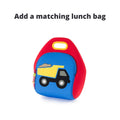 Bright yellow dump truck on blue and red Dabbawalla lunch bag.