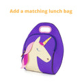 Unicorn Lunch Bag by Dabbawalla Bags.  Off white unicorn with multi pink mane on a purple lunch bag. 