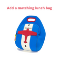 Add a matching lunch bag to your order. Great airplane design that is machine washable. Red, white and blue.