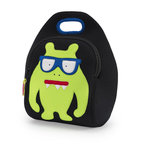 Green monster with snaggle teeth and blue eyeglasses sewn on the front of  the black lunchbox by Dabbawalla Bags