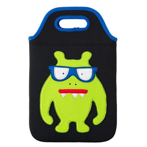 Green monster with snaggle teeth and blue eyeglasses sewn on the front of  the black tablet carry case by Dabbawalla Bags