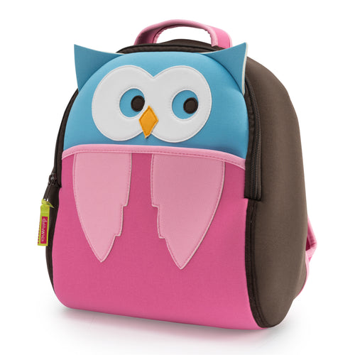 Front view of Hoot Owl Backpack by Dabbawalla Bags. Owl design is appliqued on the front panel. Head and ears are light blue, the body and wings dark and light pink.