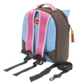 Light blue back panel with pale pink cushioned straps.  Brown side panels and pink top handle. Hoot Owl Harness Backpack has a removable tether that attaches at the bottom of the bag.