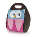 Hoot Owl Lunchbox from Dabbawalla Bags. Cute owl design appliqued on the front panel features  big white eye circles on a blue ground with blue ears.  Light pink wings on a dark pink ground form the body.  Brown side panels with light pink trim on the handle.