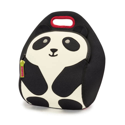 Adorable Dabbawalla black and white panda lunch bag with red handle grip.