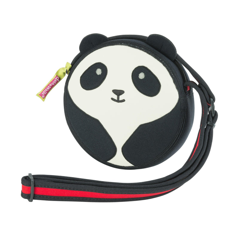 Cute panda black and white cross-body  round bag from Dabbawalla Bags.  White front panel with black eye  patches, ears and arms.  Red adjustable strap with black binding.